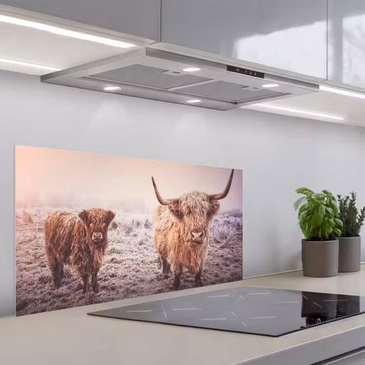 Schotse hooglanders - Licht - Lucht - Natuur keuken achterwand spatscherm middel -3d_schuin