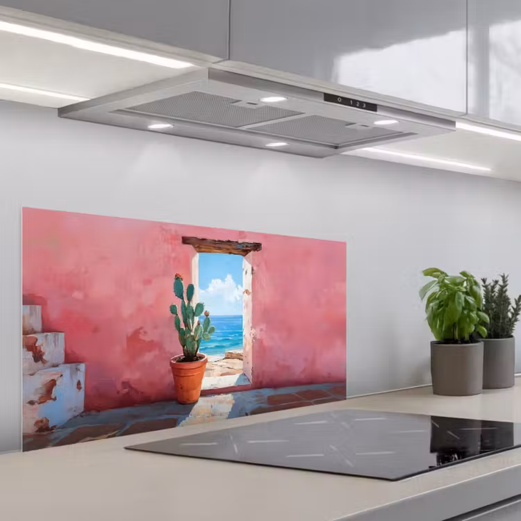 Zee - Roze - Cactus keuken achterwand spatscherm middel -3d_schuin