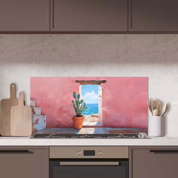Zee - Roze - Cactus keuken achterwand spatscherm middel -sfeer2