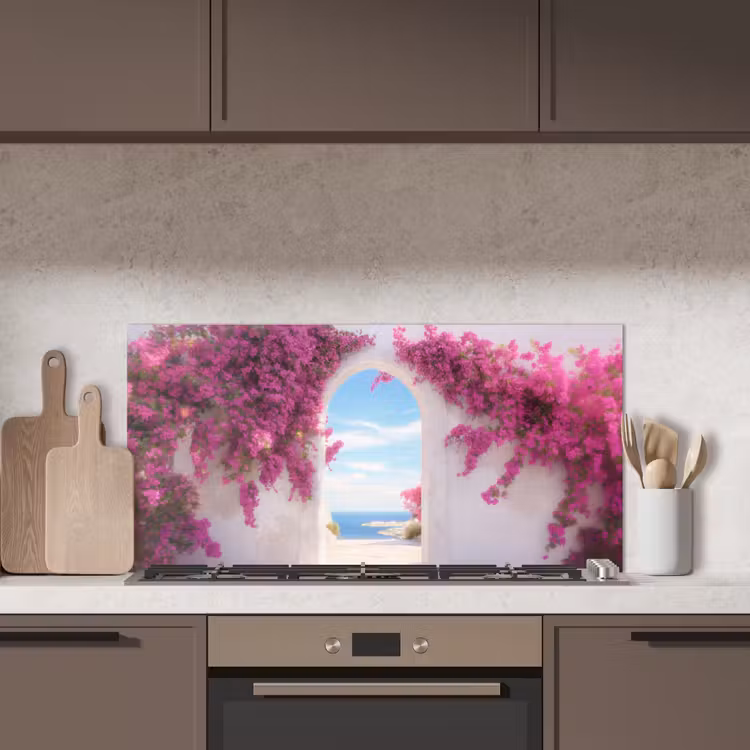 Zee - Roze - Bloemen - Poort keuken achterwand spatscherm middel -sfeer2