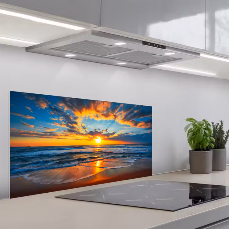 Zee - Zonsondergang - Strand - Wolken - Oranje keuken achterwand spatscherm middel -3d_schuin