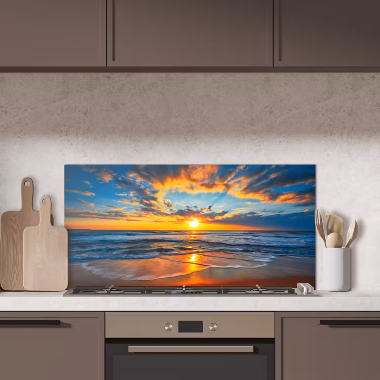 Zee - Zonsondergang - Strand - Wolken - Oranje keuken achterwand spatscherm middel -sfeer2