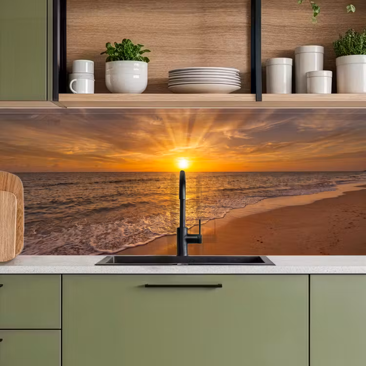 Zee - Zonsondergang - Golven - Kust - Oranje keuken achterwand 2 middel -sfeer3