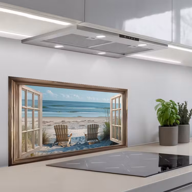 Doorkijk - Strandstoelen - Duinen - Zee - Natuur keuken achterwand spatscherm middel -3d_schuin