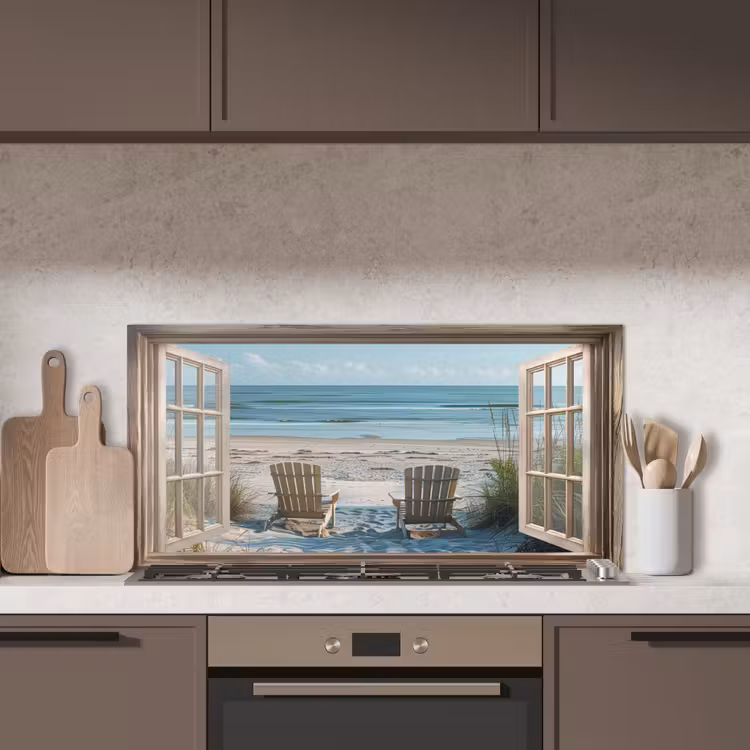 Doorkijk - Strandstoelen - Duinen - Zee - Natuur keuken achterwand spatscherm middel -sfeer2
