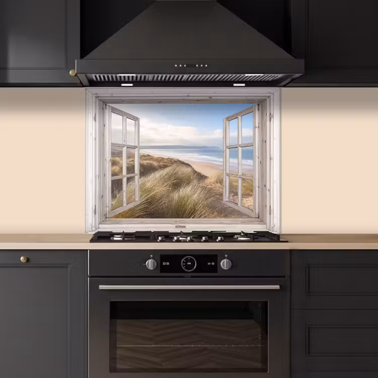 Doorkijk - Strand - Zee - Duinen - Helmgras - Zand - Blauw keuken achterwand spatscherm middel -sfeer1