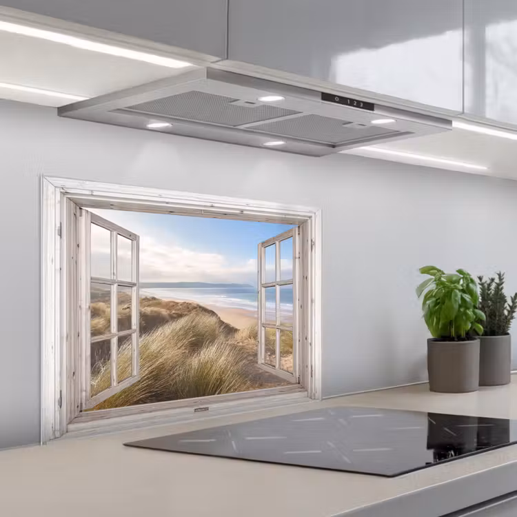 Doorkijk - Strand - Zee - Duinen - Helmgras - Zand - Blauw keuken achterwand spatscherm middel -3d_schuin