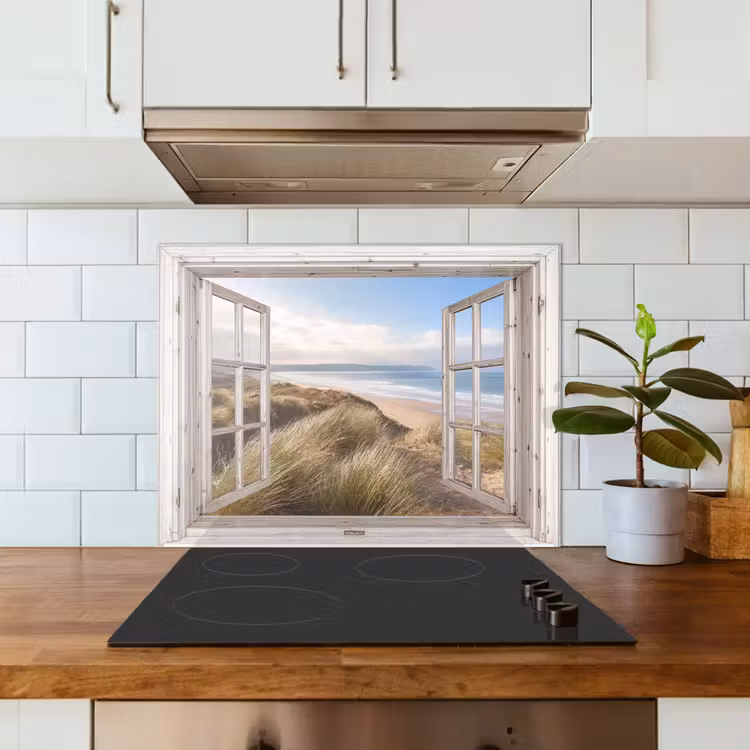 Doorkijk - Strand - Zee - Duinen - Helmgras - Zand - Blauw keuken achterwand spatscherm middel -sfeer2