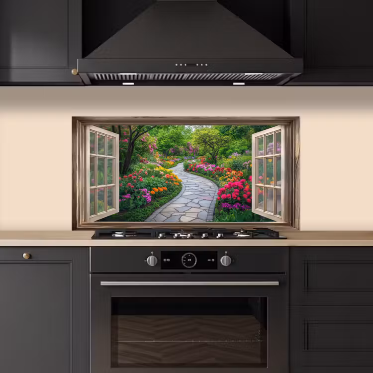 Doorkijk - Bloemen - Tuinpad - Natuur - Raam keuken achterwand spatscherm middel -sfeer1