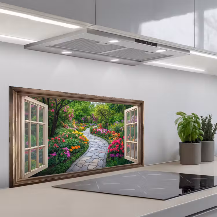 Doorkijk - Bloemen - Tuinpad - Natuur - Raam keuken achterwand spatscherm middel -3d_schuin