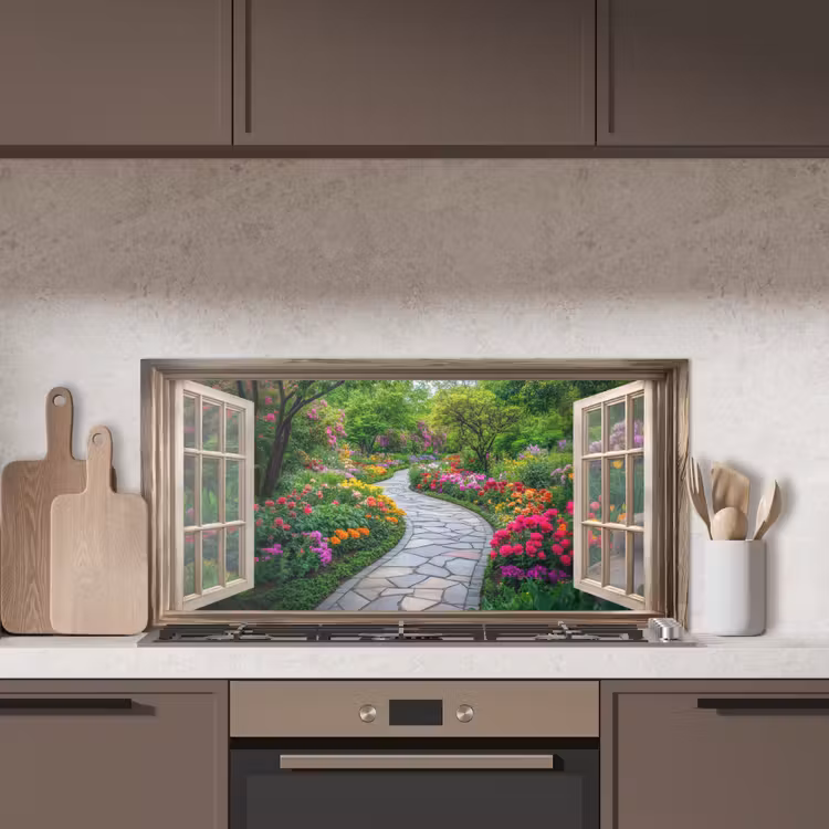 Doorkijk - Bloemen - Tuinpad - Natuur - Raam keuken achterwand spatscherm middel -sfeer2