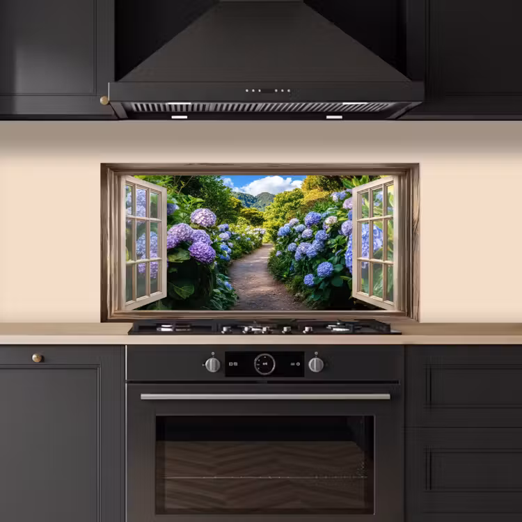 Doorkijk - Hortensia - Pad - Natuur keuken achterwand spatscherm middel -sfeer1