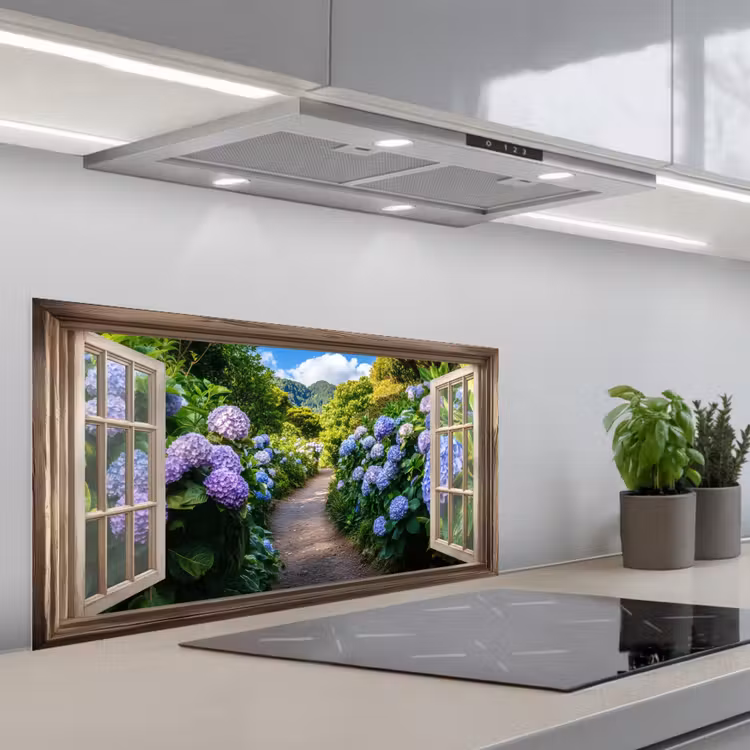 Doorkijk - Hortensia - Pad - Natuur keuken achterwand spatscherm middel -3d_schuin