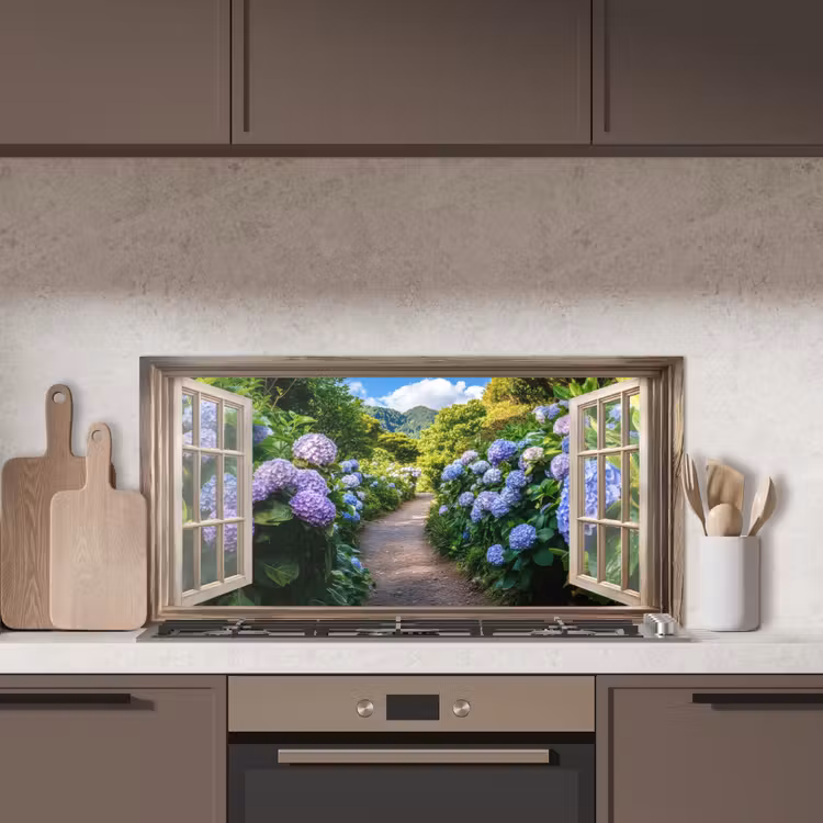 Doorkijk - Hortensia - Pad - Natuur keuken achterwand spatscherm middel -sfeer2
