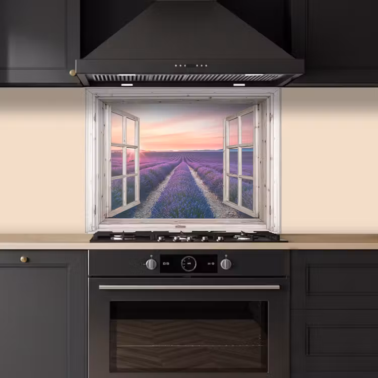 Doorkijk - Lavendel - Bloemen - Hout - Zonsondergang - Paars keuken achterwand spatscherm middel -sfeer1