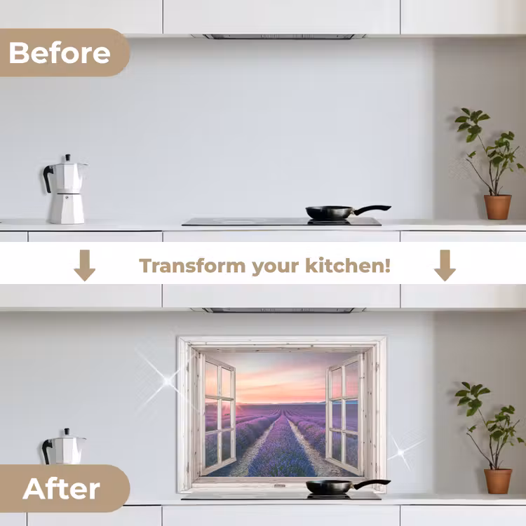 Doorkijk - Lavendel - Bloemen - Hout - Zonsondergang - Paars keuken achterwand spatscherm middel -voor_na_EN