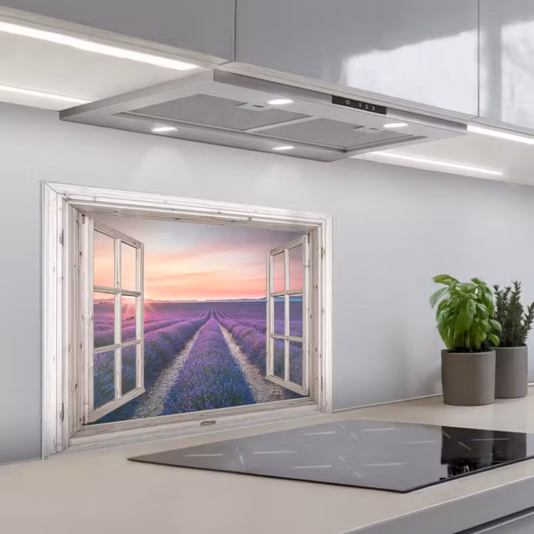 Doorkijk - Lavendel - Bloemen - Hout - Zonsondergang - Paars keuken achterwand spatscherm middel -3d_schuin