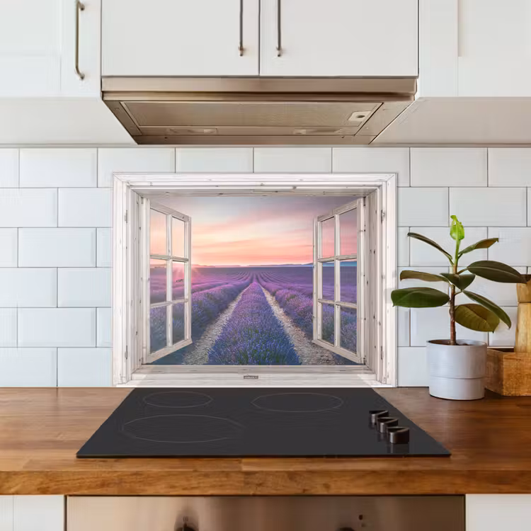 Doorkijk - Lavendel - Bloemen - Hout - Zonsondergang - Paars keuken achterwand spatscherm middel -sfeer2