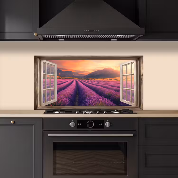 Doorkijk - Lavendel - Landschap - Bloemen - Paars keuken achterwand spatscherm middel -sfeer1