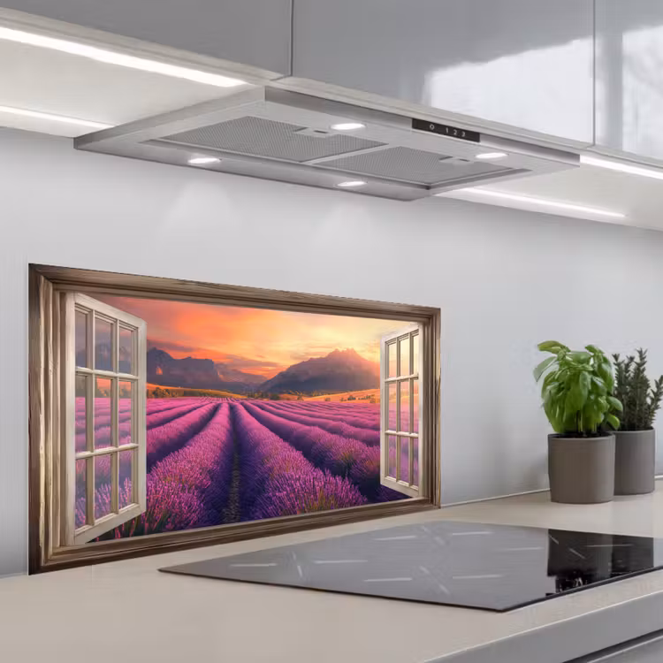 Doorkijk - Lavendel - Landschap - Bloemen - Paars keuken achterwand spatscherm middel -3d_schuin
