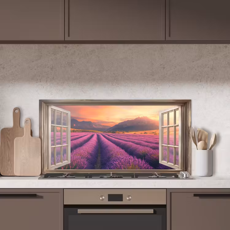 Doorkijk - Lavendel - Landschap - Bloemen - Paars keuken achterwand spatscherm middel -sfeer2