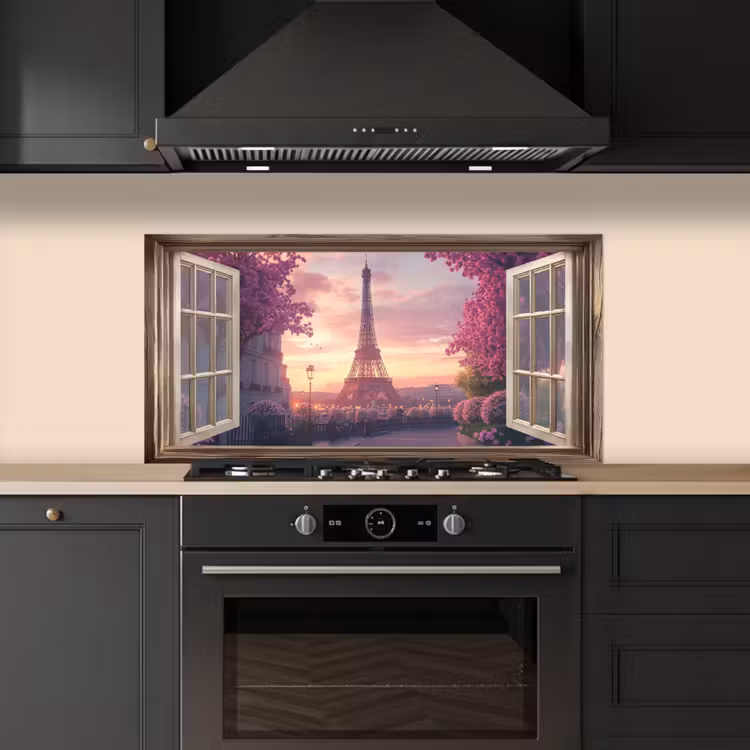 Doorkijk - Parijs - Eiffeltoren - Roze - Kersenbloesem keuken achterwand spatscherm middel -sfeer1