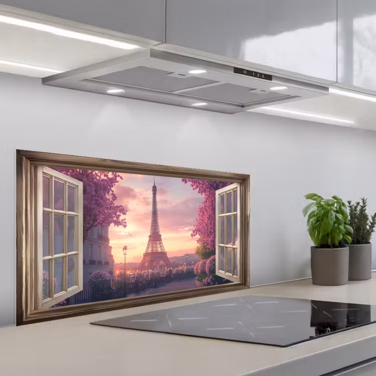 Doorkijk - Parijs - Eiffeltoren - Roze - Kersenbloesem keuken achterwand spatscherm middel -3d_schuin