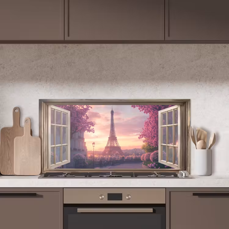 Doorkijk - Parijs - Eiffeltoren - Roze - Kersenbloesem keuken achterwand spatscherm middel -sfeer2