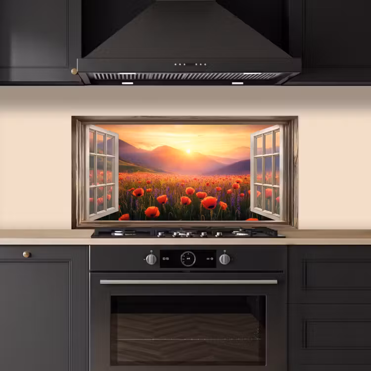 Doorkijk - Klaprozen - Bloemen - Rood - Open raam keuken achterwand spatscherm middel -sfeer1