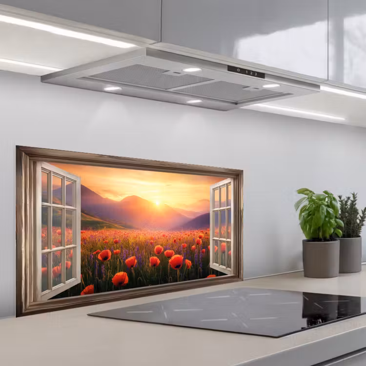 Doorkijk - Klaprozen - Bloemen - Rood - Open raam keuken achterwand spatscherm middel -3d_schuin