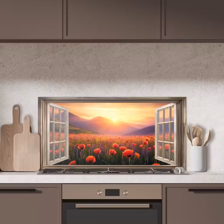 Doorkijk - Klaprozen - Bloemen - Rood - Open raam keuken achterwand spatscherm middel -sfeer2