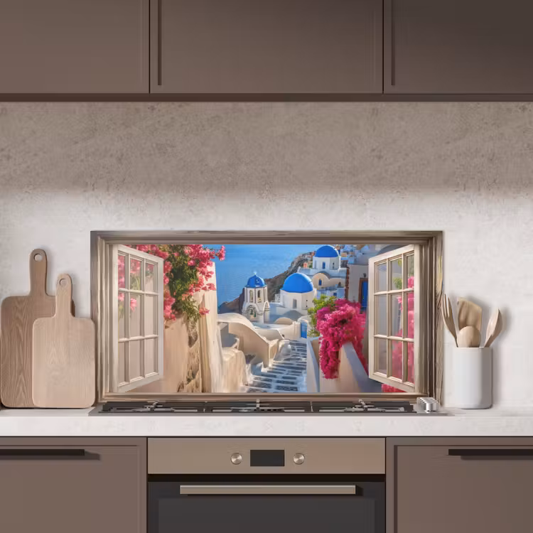 Doorkijk - Santorini - Landschap - Blauw - Grieks keuken achterwand spatscherm middel -sfeer2
