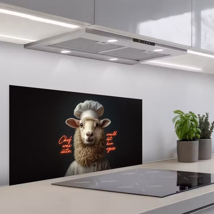 Schaap - Kokskleding - Neon - Quote keuken achterwand spatscherm middel -3d_schuin