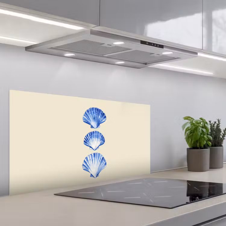 Schelpen - Blauw - Beige keuken achterwand spatscherm middel -3d_schuin