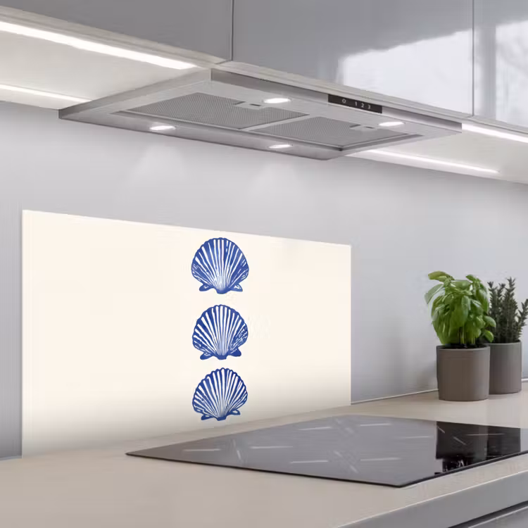 Schelpen - Blauw - Patroon keuken achterwand spatscherm middel -3d_schuin