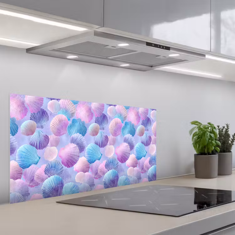 Schelpen - Paars - Blauw - Patroon keuken achterwand spatscherm middel -3d_schuin