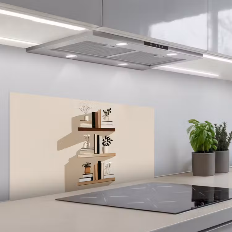 Plankjes - Boeken - Vaasjes - Planten keuken achterwand spatscherm middel -3d_schuin