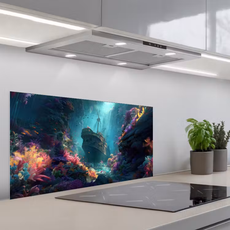 Schip - Hout - Koraalriffen - Zonlicht keuken achterwand spatscherm middel -3d_schuin