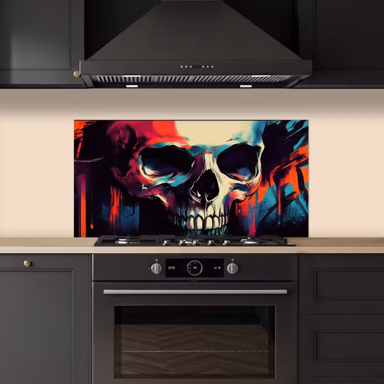 Schedel - Abstract - Rood - Blauw - Graffiti keuken achterwand spatscherm middel -sfeer1