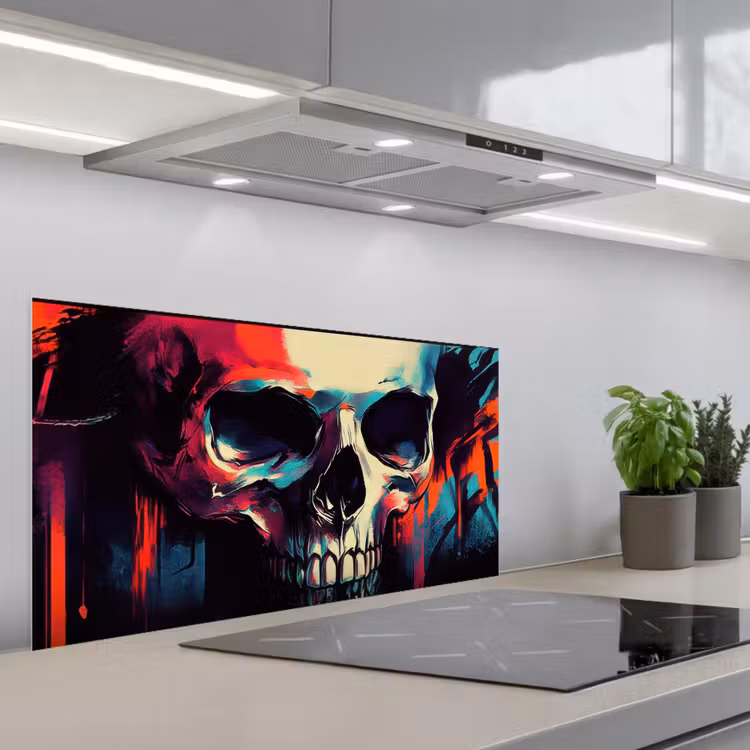 Schedel - Abstract - Rood - Blauw - Graffiti keuken achterwand spatscherm middel -3d_schuin