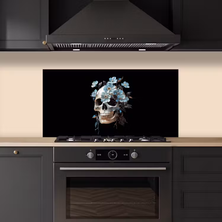 Schedel - Blauw - Bloemen - Bladeren keuken achterwand spatscherm middel -sfeer1