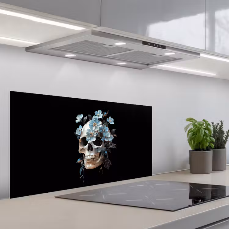 Schedel - Blauw - Bloemen - Bladeren keuken achterwand spatscherm middel -3d_schuin