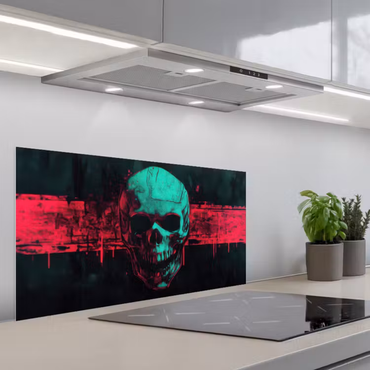 Schedel - Cyberpunk - Neon Rood keuken achterwand spatscherm middel -3d_schuin