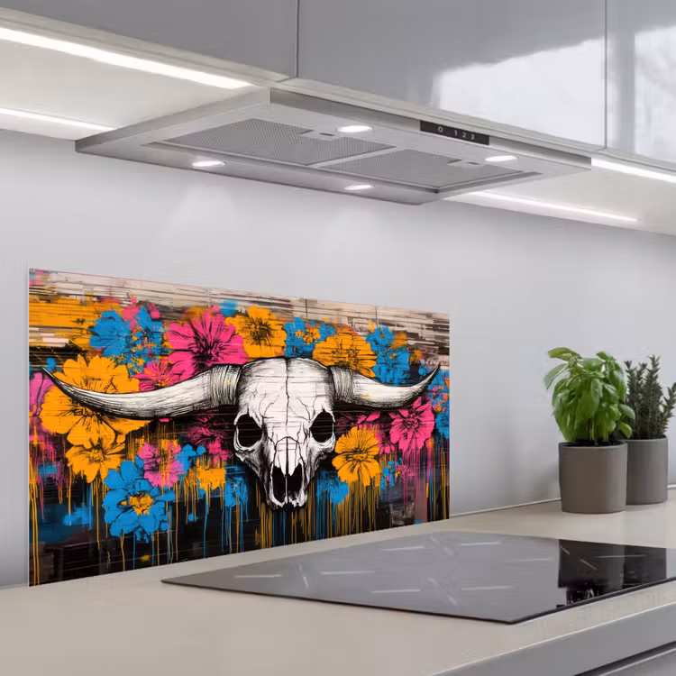 Schedel - Bloemen - Graffiti keuken achterwand spatscherm middel -3d_schuin