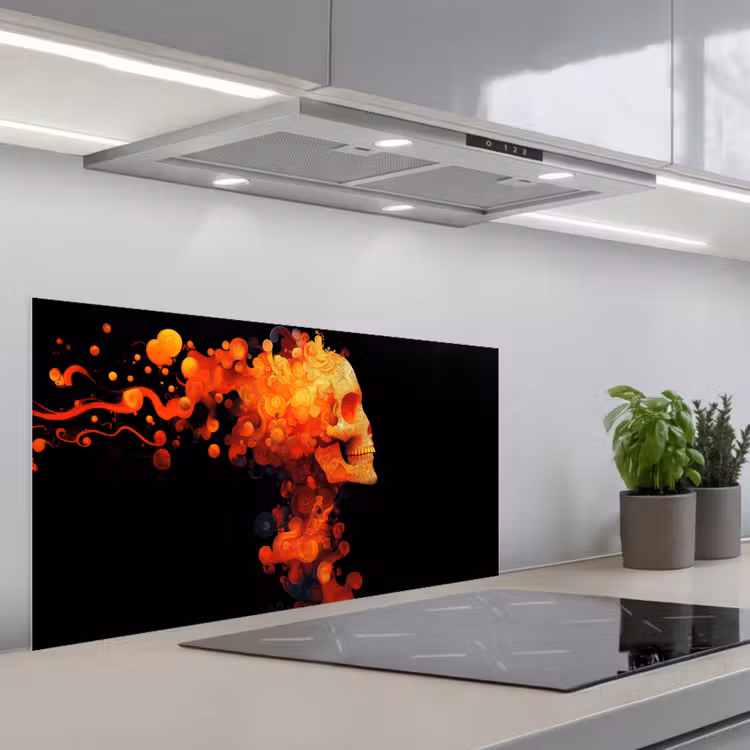 Schedel - Oranje - Zijaanzicht - Vlammen keuken achterwand spatscherm middel -3d_schuin