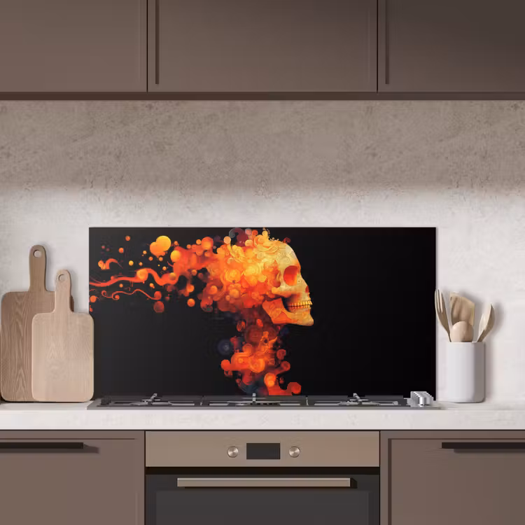 Schedel - Oranje - Zijaanzicht - Vlammen keuken achterwand spatscherm middel -sfeer2