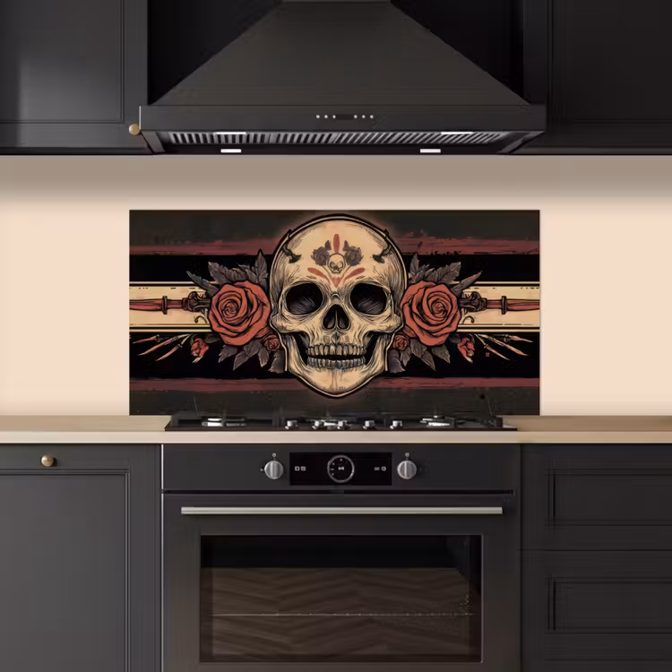Schedel - Rozen - Gotisch keuken achterwand spatscherm middel -sfeer1