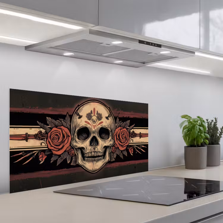 Schedel - Rozen - Gotisch keuken achterwand spatscherm middel -3d_schuin