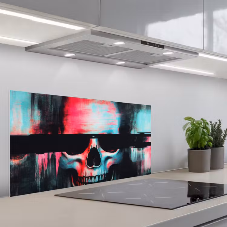 Schedels - Glitch - Cyberpunk keuken achterwand spatscherm middel -3d_schuin