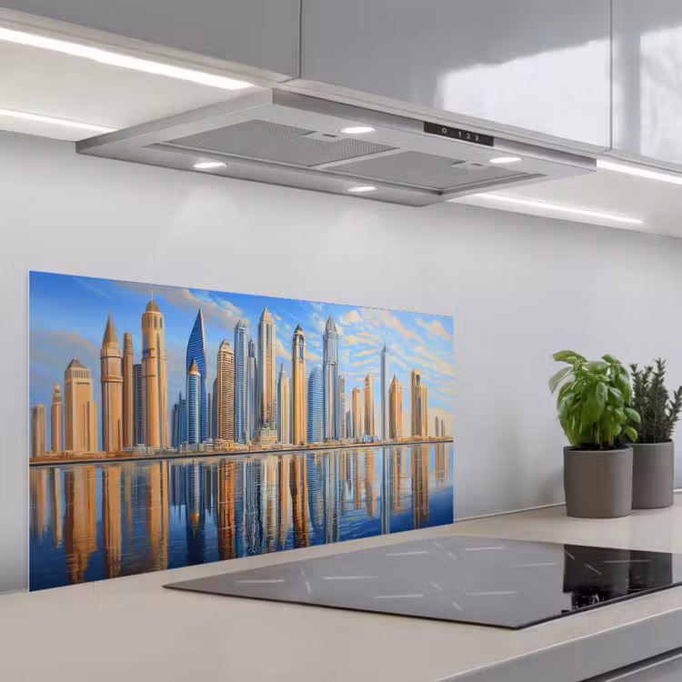 Skyline - Wolkenkrabbers - Water - Blauw keuken achterwand spatscherm middel -3d_schuin